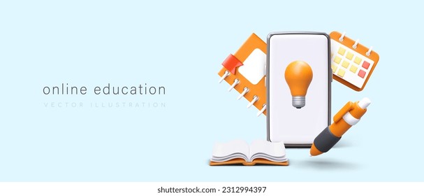 Online education. Remote access to lessons. Advertising of telephone educational programs, applications, games. 3D smartphone, book, calendar, pen, light bulb. Modern way of learning