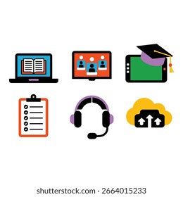 Online education and remote learning icons on white background