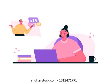 Online education or remote work concept. Student learning, working online at home. Woman sitting at desk, looking at computer screen and Studying. Books and exercise books. Flat vector illustration.