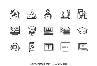 Online Education And Remote Work Flat Line Icons Set. Study And Job From Home. Editable Strokes.