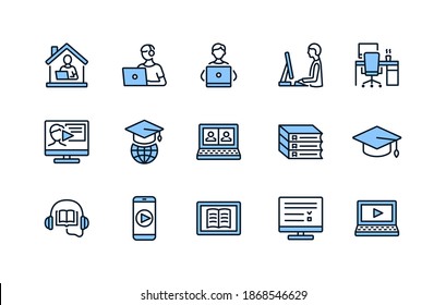Online education and remote work flat line icons set blue color. Study and job from home. Editable strokes.