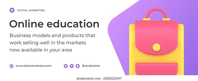 Online education remotely classes lesson e learning school college university backpack social media banner template 3d icon vector illustration. Academic knowledge internet courses science lecture