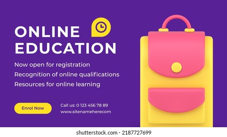 Online Education Remotely Courses Training Open Registration School Backpack Web Banner Realistic 3d Icon Vector Illustration. Internet College University Academic E Learning Class Digital Advertising