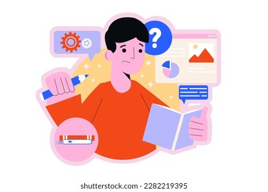 Online education round concept with people scene in the flat cartoon design. Guy is trying to independently complete tasks in online lessons. Vector illustration.