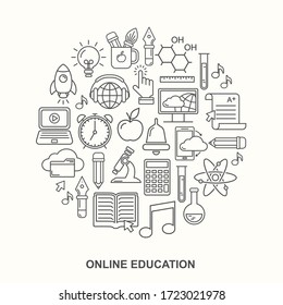 Online education round shape pattern with linear icons. E-learning, online course, webinar, e-book, video conference, home studying. Modern line style vector illustration. Stay home background.