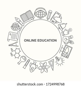 Online education round shape pattern with linear icons. E-learning, online course, webinar, e-book, video conference, home studying. Modern line style vector illustration. Stay home background.