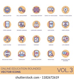 Online education rounded icon set. Specialization, skill, knowledge mastery, code, language, learning, audio book, video lesson, web research, strategy, webinar, forum, community, support, know-how.