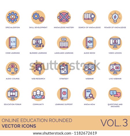 Online education rounded icon set. Specialization, skill, knowledge mastery, code, language, learning, audio book, video lesson, web research, strategy, webinar, forum, community, support, know-how.