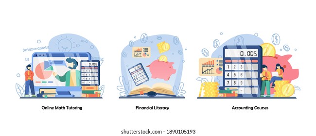 Online education, saving money, online courses icon set. Online math Tutoring, Financial Literacy, Accounting Courses.Vector flat design isolated concept metaphor illustrations