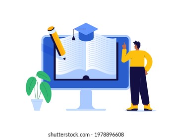 Online education scene concept. Man reading ebooks, studying remotely at laptop. Advanced training, webinars, course. E-learning at college or university. Graduation. Vector character illustration