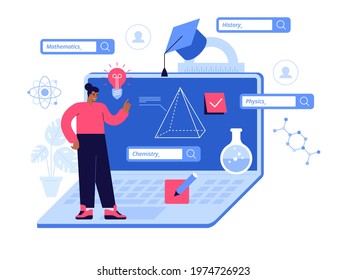 Online education scene concept. Student study remotely, learning mathematics, history, chemistry, physics lessons. Science research, training, webinars and course. Vector character illustration