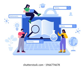 Online education scene concept. Students learning mathematics, history, chemistry, physics lessons. E-learning, distant studying, courses. School, college or university. Vector character illustration