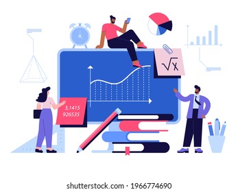 Online education scene concept. Students learning different lessons, analyzing statistics. E-learning, ebooks library. Distant studying at school, college or university. Vector character illustration
