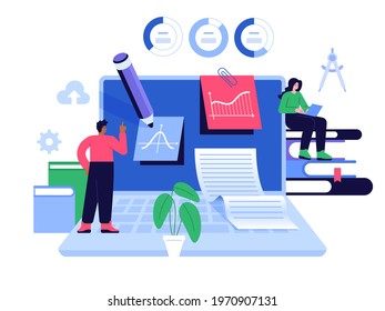 Online education scene concept. Students study on laptops from home, analyzing data, reading books. E-learning, distant studying, advanced training, webinars and course. Vector character illustration