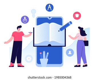 Online education scene concept. Students read ebooks, use online library service at mobile app. Man and woman study remotely at smartphone, e-learning, prepare for exams. Vector character illustration