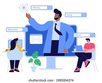 Online education scene concept. Teacher giving lecture from computer screen. Male and female students study different subjects - mathematics, chemistry, physics, history. Vector character illustration