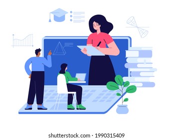 Online education scene concept. Teacher teaches subject in online lesson. Students study remotely, prepare for exams, receive additional education.  E-learning service. Vector character illustration