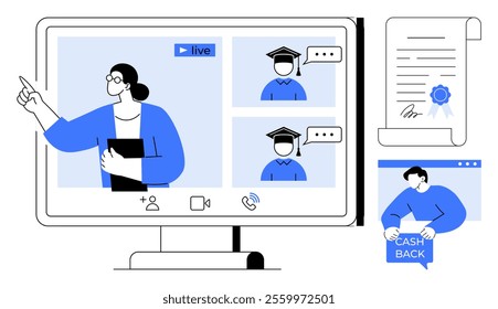 Online education scene with a teacher on a video call, participants, a certificate, and a cashback notification. Ideal for e-learning, educational technology, virtual classrooms, online