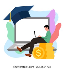 Ilustración vectorial del concepto de beca de educación en línea sobre el fondo blanco. Beca digital de sitios web. Estudiante, computadora, pila de monedas y sombrero de graduación en diseño plano.
