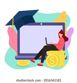 Online education scholarship concept vector illustration on white background. Website digital scholarship. Student, computer, stack of coins and graduation hat in flat design.
