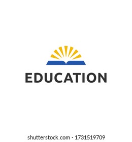 Online education, school, academy logo with light from opened book. Learning, study, knowledge icon. Institute, college, library, courses logo.