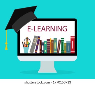 Online education in school. Book in computer. E-learning at home. Online study, teaching concept. Learn new knowledge with technology. Distance education in university. Background for student. Vector.
