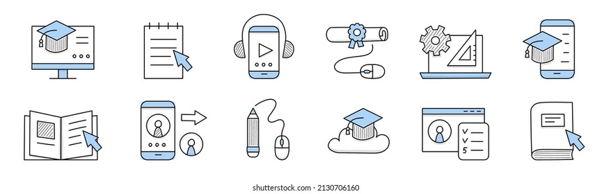 Online education in school, college or university doodle icons. Vector outline signs of e-learning, distant training with book, graduation hat, certificate, computer and mobile phone