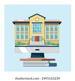 Online Education, school in Digital, computer screen vector illustration