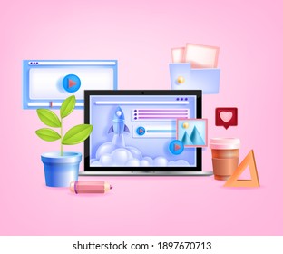Online education, school, e-leaning, digital study concept with laptop screen, rocket launch, plant, folder. Remote, distant courses, webinar, working at home illustration. Online education background