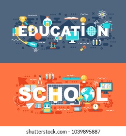 Online education and school set of flat concept. Banners with slogan for website and graphic design. Flat icons. Mobile and print media. Vector illustration.