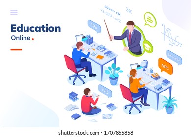 Online education, school student lessons and university distance learning, vector isometric concept. Mathematics online education lessons or exams, students studying with books and teacher