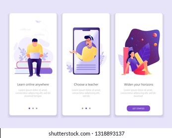 Online education, School, Studying, Courses. Onboarding screens user interface kit. M commerce. Modern user interface UX, UI screen template for mobile smart phone or web site. Vector Illustration