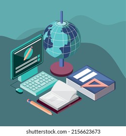 online education school supply, isometric
