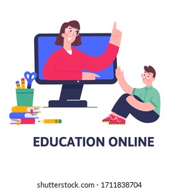 Online education for school and university concept in flat style. Video course, distance education, web seminar, internet class, personal teacher service with mentor. 