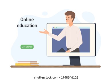 Online education at school and university. Distance lessons with a teacher. Video course, siminar, master class on the Internet. Educator at the computer screen. E-learning banner. Vector illustration