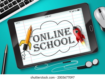 Online Education School Vector Design. Online School Text In Tablet Device With Digital Elements Like Keyboard, Mouse And Earphone For E-learning Study. Vector Illustration