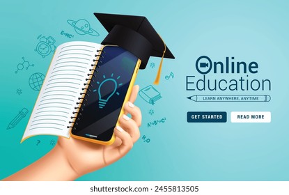 Online education school vector design. Back to school online education with mobile phone application and notebook learning elements for e learning web page background. Vector illustration online 