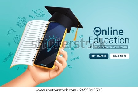 Online education school vector design. Back to school online education with mobile phone application and notebook learning elements for e learning web page background. Vector illustration online 