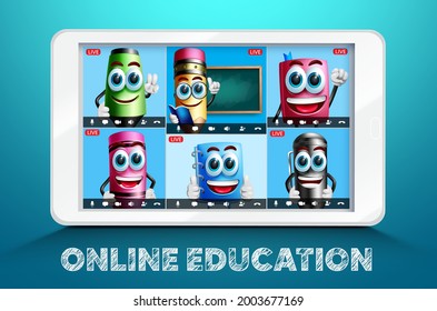 Online education school video conference vector design. Online education text with learning characters in tablet digital device screen for live virtual class meeting and e-learning study.