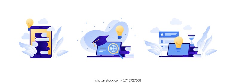 Online education and science library concept. Vector flat illustration set. Collection with laptop computer, lightbulb and stack of book element. Design for college, school, academy course banner