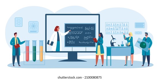 Online education scientists study biologist remotely concept. Illustration of education scientist online, research science technology vector