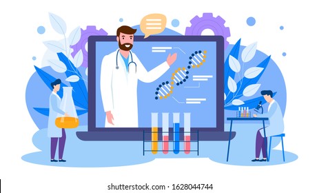 Online education of scientists vector illustration banner isolated. Lecturer teaches from laptop screen. Learning doctors students with microscope, flask. Dna molecule, genetic research virus vaccine