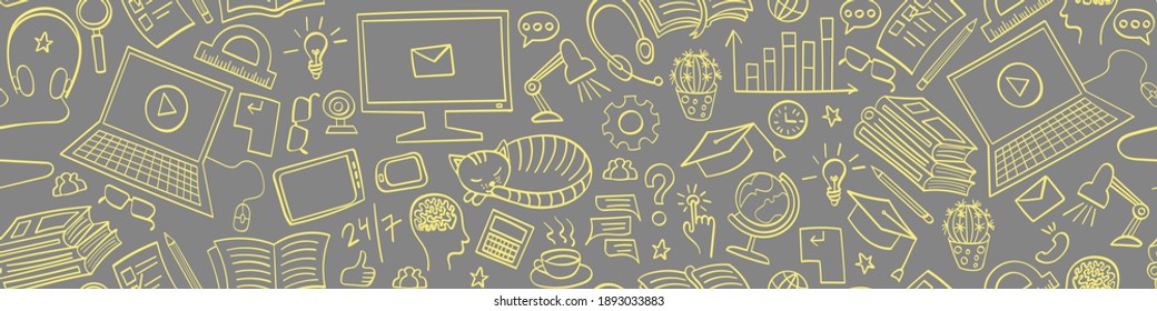 Online education seamless horizontal border. Distance learning yellow doodles on gray background. Vector illustration.