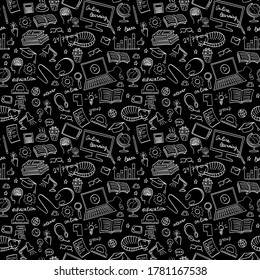 Online education seamless pattern. Distance learning white doodles on black background. Blackboard imitation. Vector illustration.