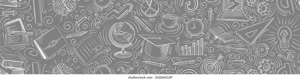 Online Education Seamless Pattern. Hand Drawn Distan Learning Doodles In Sketchy Vintage Style. Vector Illustration.