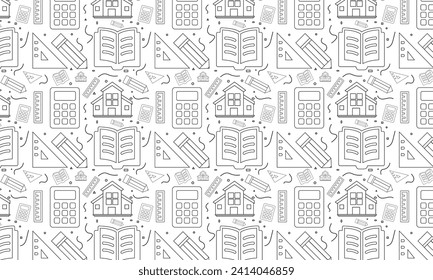 La educación en línea es un patrón transparente. Dastan dibujó a mano aprendiendo doodles en un estilo vintage esquemático. Ilustración vectorial.