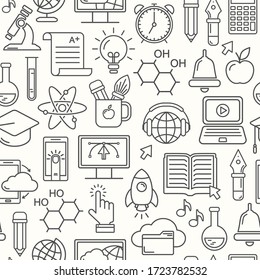 Online education seamless pattern with linear icons. E-learning, online course, webinar, e-book, video conference, home studying. Modern line style vector illustration. Stay home background.