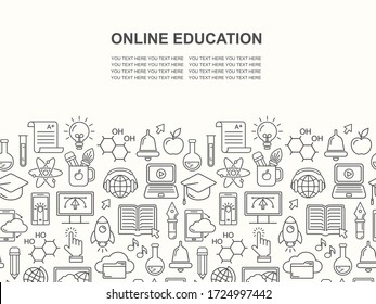 Online education seamless pattern with linear icons. E-learning, online course, webinar, e-book, video conference, home studying. Modern line style vector illustration. Stay home background.