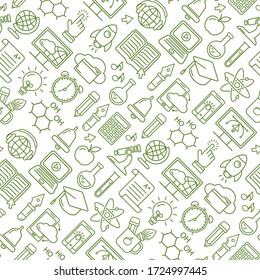 Online education seamless pattern with linear icons. E-learning, online course, webinar, e-book, video conference, home studying. Modern line style vector illustration. Stay home background.