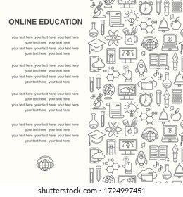 Online education seamless pattern with linear icons. E-learning, online course, webinar, e-book, video conference, home studying. Modern line style vector illustration. Stay home background.